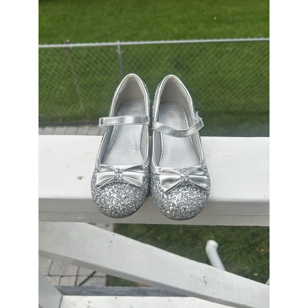 Girls Silver Glitter Mary Jane Dress Shoes Bow Buckle Strap Low Block Heel 3